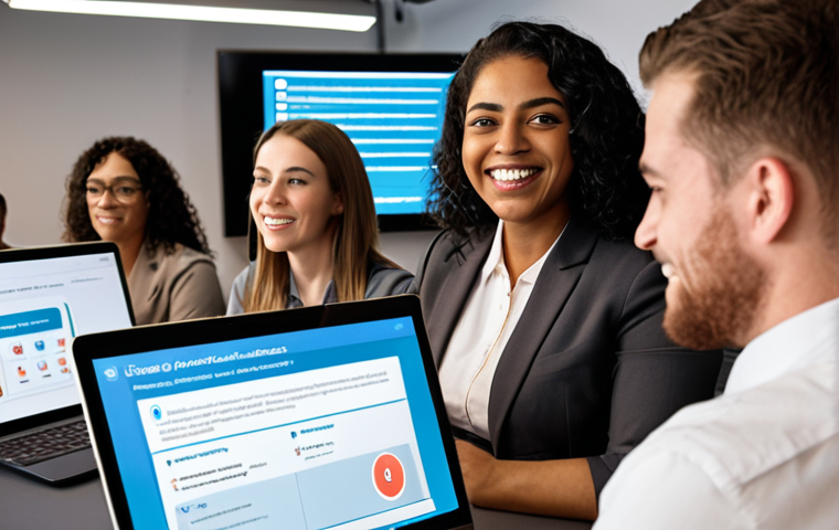 **Image:** A diverse group of employees participating in a cybersecurity training session. The training is gamified, with elements of a quiz or challenge visible on a screen. Some employees are smiling and engaged, while others are focused and concentrating. Badges or points are visually represented. This illustrates the "Gamifying Cybersecurity Awareness to Boost Engagement" section.