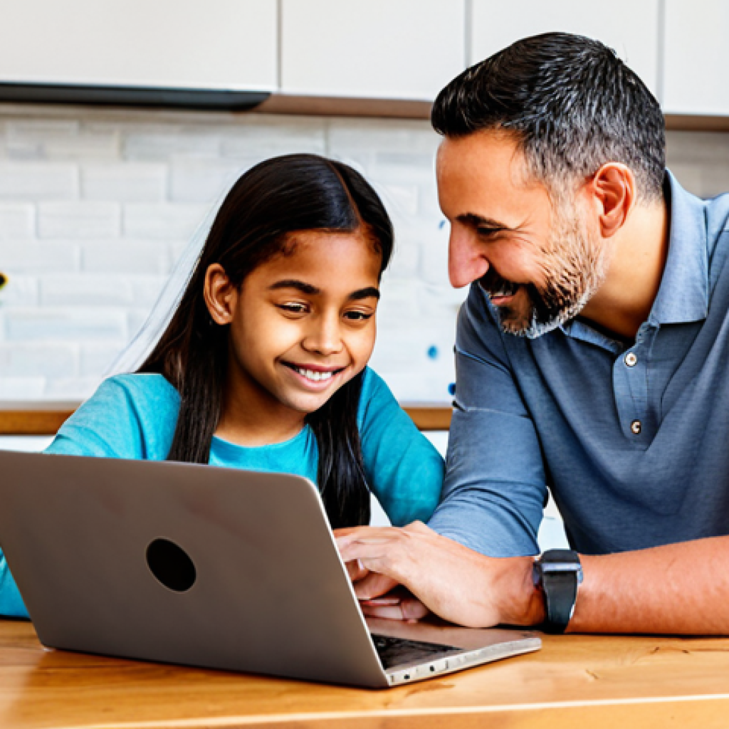 A diverse family, including parents and two children (approx. 10 and 14 years old), fully clothed in modest, everyday attire, gathered around a wooden dining table in a bright, modern kitchen. They are engaged in an open, collaborative conversation about online safety, with expressions of understanding and curiosity. A closed laptop is on the table, symbolizing digital discussion rather than active use. Professional photography, soft natural light, warm inviting atmosphere, high quality, safe for work, appropriate content, family-friendly, perfect anatomy, correct proportions, natural pose, well-formed hands, proper finger count, natural body proportions.