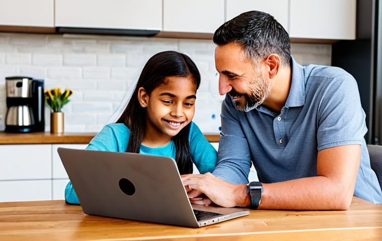 A diverse family, including parents and two children (approx. 10 and 14 years old), fully clothed in modest, everyday attire, gathered around a wooden dining table in a bright, modern kitchen. They are engaged in an open, collaborative conversation about online safety, with expressions of understanding and curiosity. A closed laptop is on the table, symbolizing digital discussion rather than active use. Professional photography, soft natural light, warm inviting atmosphere, high quality, safe for work, appropriate content, family-friendly, perfect anatomy, correct proportions, natural pose, well-formed hands, proper finger count, natural body proportions.