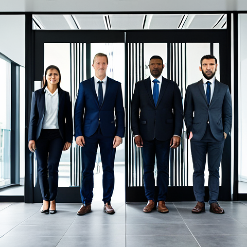 비밀번호 보호를 위한 생체 인식 기술 - Modern Office Security**

"A diverse group of professionals entering a sleek, modern office building...