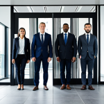 비밀번호 보호를 위한 생체 인식 기술 - Modern Office Security**

"A diverse group of professionals entering a sleek, modern office building...