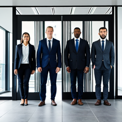 비밀번호 보호를 위한 생체 인식 기술 - Modern Office Security**

"A diverse group of professionals entering a sleek, modern office building...