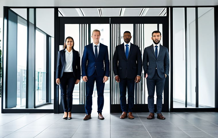 비밀번호 보호를 위한 생체 인식 기술 - Modern Office Security**

"A diverse group of professionals entering a sleek, modern office building...