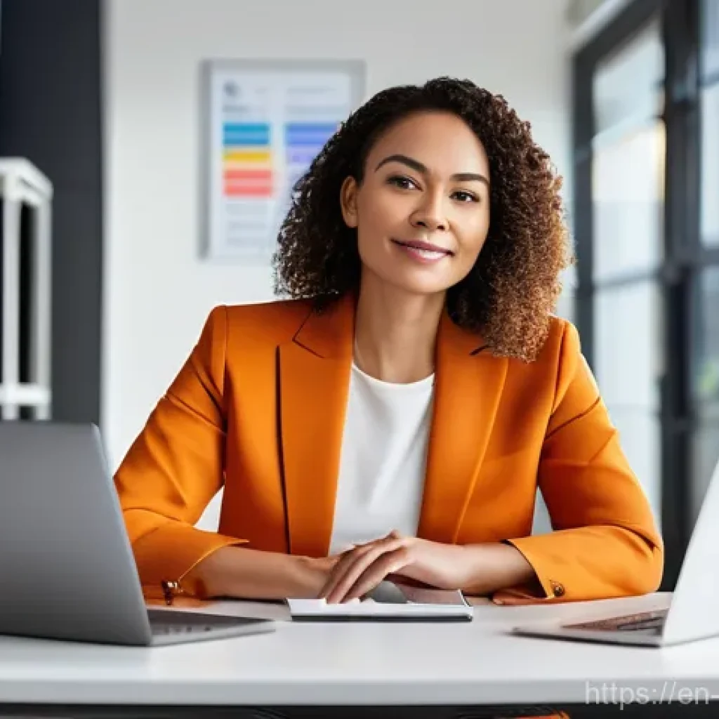 사이버보안 트렌드에 맞춘 생활 습관 변화 - **Prompt:** A confident, diverse woman in her late 30s, dressed in smart casual attire, sits in a br...