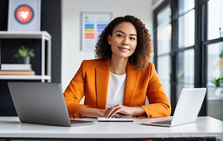 사이버보안 트렌드에 맞춘 생활 습관 변화 - **Prompt:** A confident, diverse woman in her late 30s, dressed in smart casual attire, sits in a br...