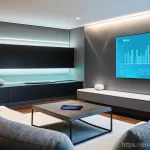 스마트홈 기기 안전하게 사용하기 - **"The Invisible Data Web: A Smart Home's Hidden Footprint"**
    A modern, brightly lit living room...