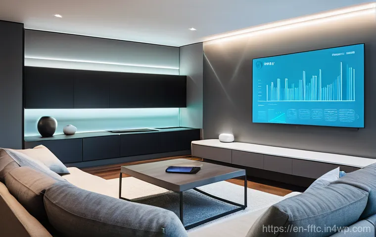 스마트홈 기기 안전하게 사용하기 - **"The Invisible Data Web: A Smart Home's Hidden Footprint"**
    A modern, brightly lit living room...