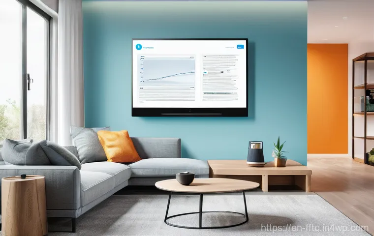 스마트홈 기기 안전하게 사용하기 - **"The Invisible Data Web: A Smart Home's Hidden Footprint"**
    A modern, brightly lit living room...