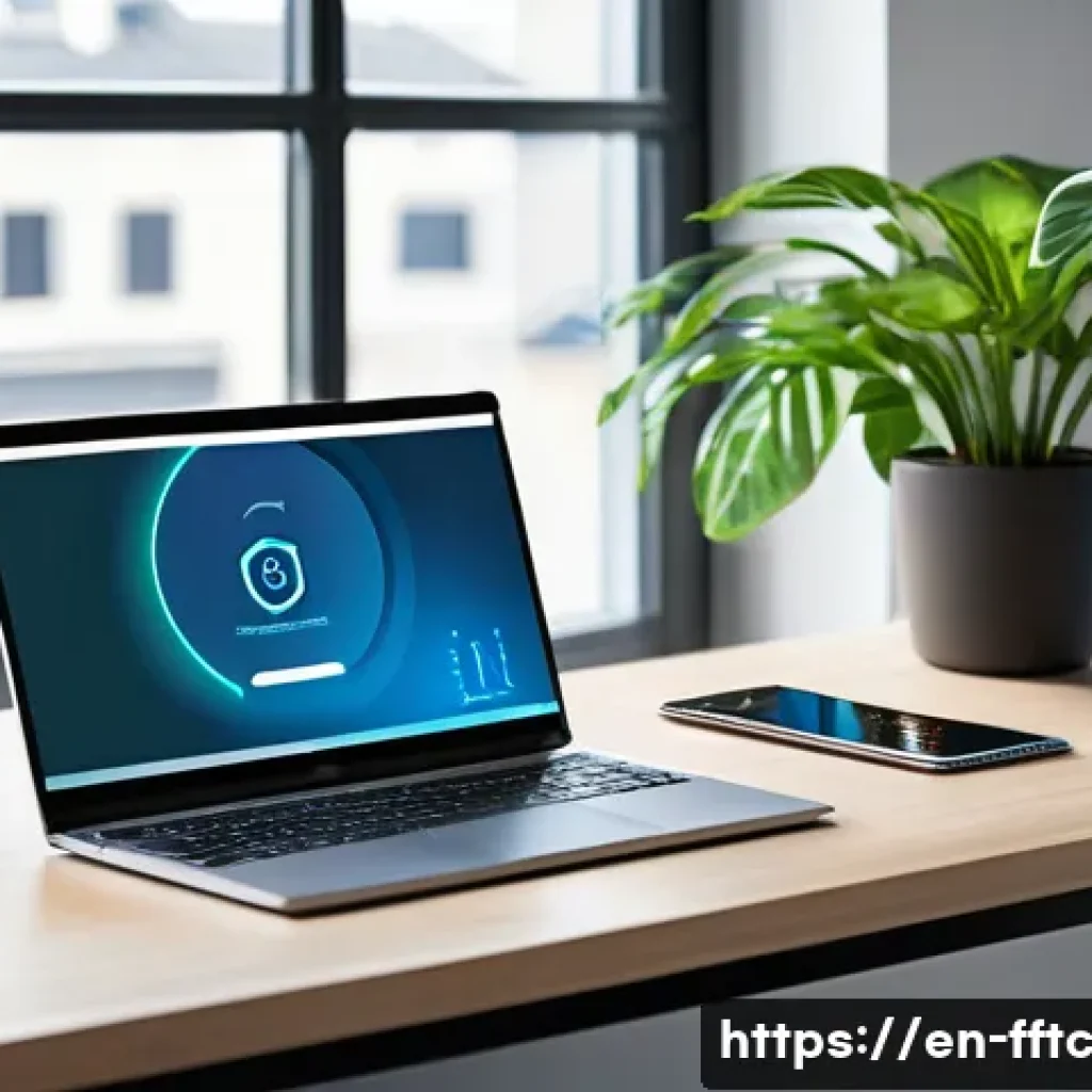 소프트웨어 업데이트의 중요성과 방법 - A modern workspace scene featuring a sleek laptop and smartphone on a minimalist desk, both displayi...