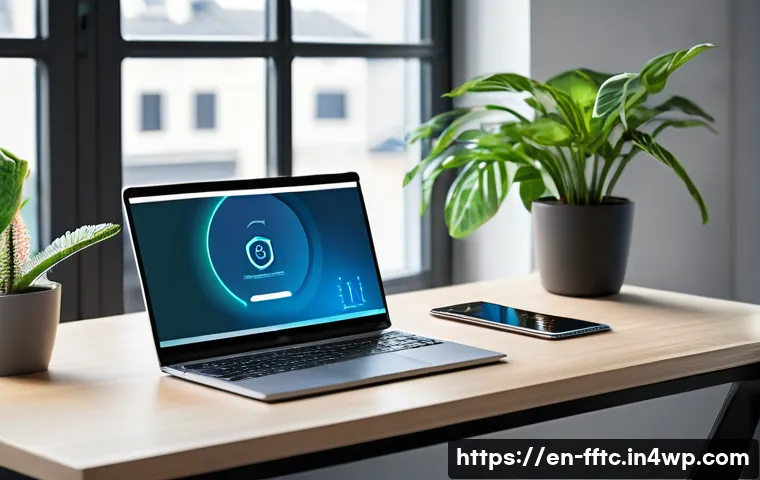 소프트웨어 업데이트의 중요성과 방법 - A modern workspace scene featuring a sleek laptop and smartphone on a minimalist desk, both displayi...
