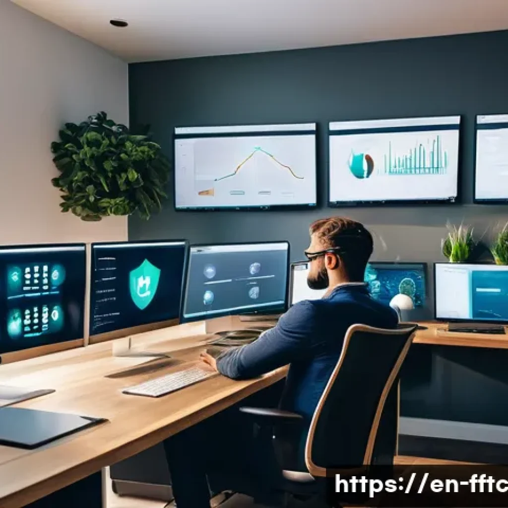 사이버 보안 툴 추천과 사용법 - A modern home office setup with a diverse group of professionals using multiple cybersecurity tools ...