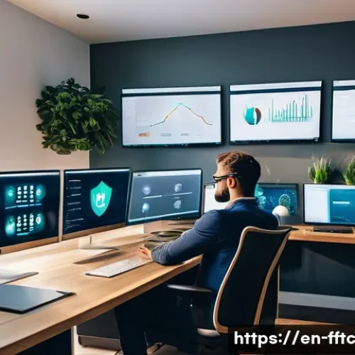 Home 33 사이버 보안 툴 추천과 사용법 - A modern home office setup with a diverse group of professionals using multiple cybersecurity tools ...
