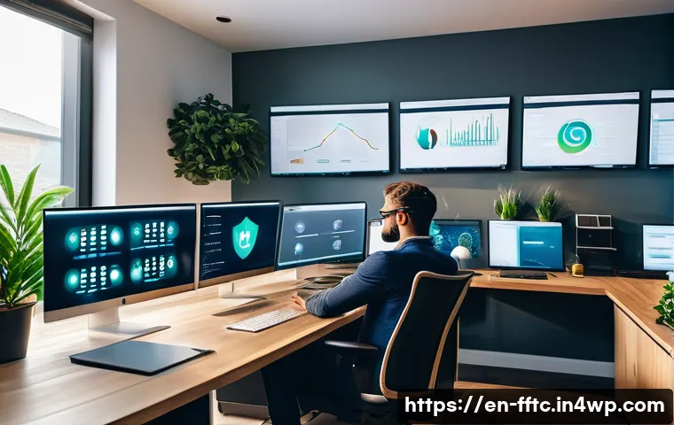 사이버 보안 툴 추천과 사용법 - A modern home office setup with a diverse group of professionals using multiple cybersecurity tools ...