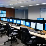 Home 20 사이버보안 사고 조사 절차 및 방법 - A high-tech cybersecurity operations center with multiple large monitors displaying real-time incide...