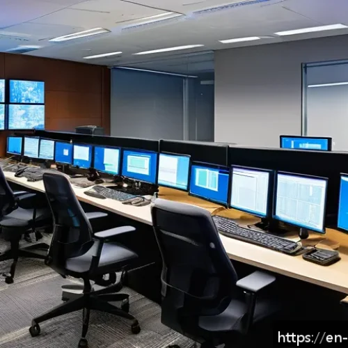 Home 32 사이버보안 사고 조사 절차 및 방법 - A high-tech cybersecurity operations center with multiple large monitors displaying real-time incide...