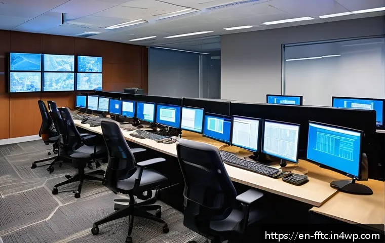 사이버보안 사고 조사 절차 및 방법 - A high-tech cybersecurity operations center with multiple large monitors displaying real-time incide...
