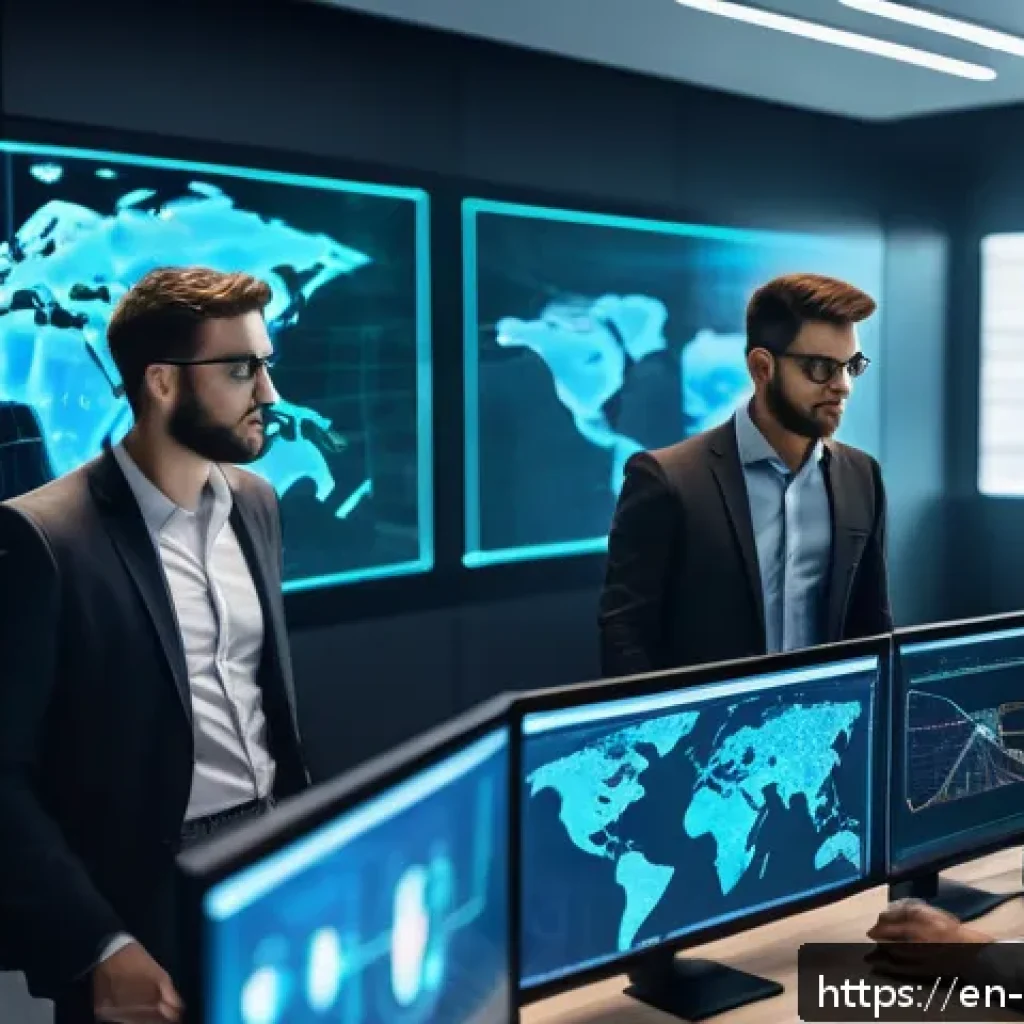 비즈니스에 적합한 사이버보안 정책 수립하기 - A modern office setting showing a diverse team of professionals collaboratively conducting a cyberse...