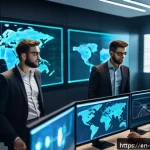 Home 19 비즈니스에 적합한 사이버보안 정책 수립하기 - A modern office setting showing a diverse team of professionals collaboratively conducting a cyberse...