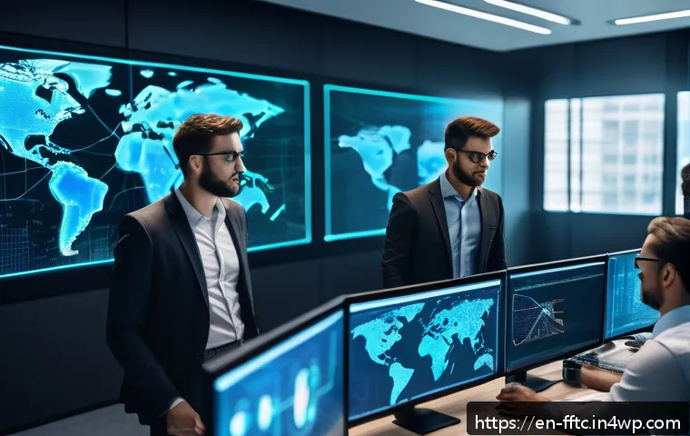 비즈니스에 적합한 사이버보안 정책 수립하기 - A modern office setting showing a diverse team of professionals collaboratively conducting a cyberse...