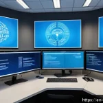 Home 18 사이버 공격 유형과 예방 전략 - A modern office setting showing a cybersecurity professional monitoring multiple computer screens di...