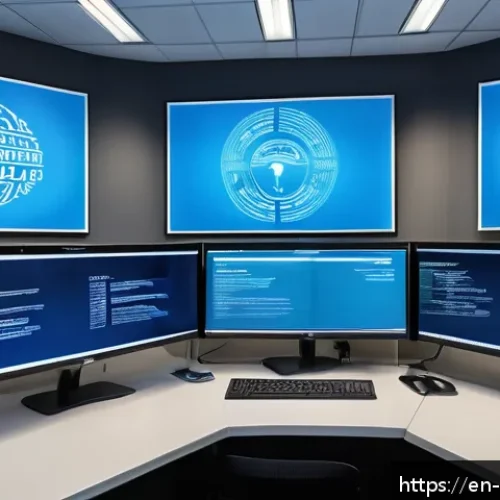 Home 30 사이버 공격 유형과 예방 전략 - A modern office setting showing a cybersecurity professional monitoring multiple computer screens di...