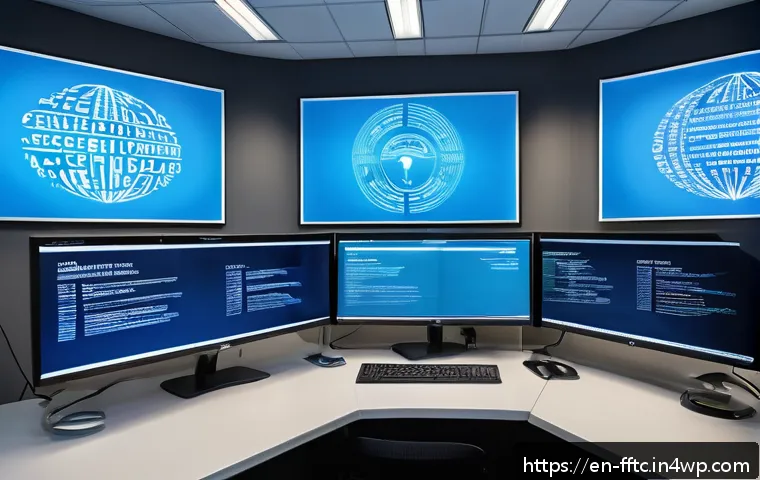 사이버 공격 유형과 예방 전략 - A modern office setting showing a cybersecurity professional monitoring multiple computer screens di...