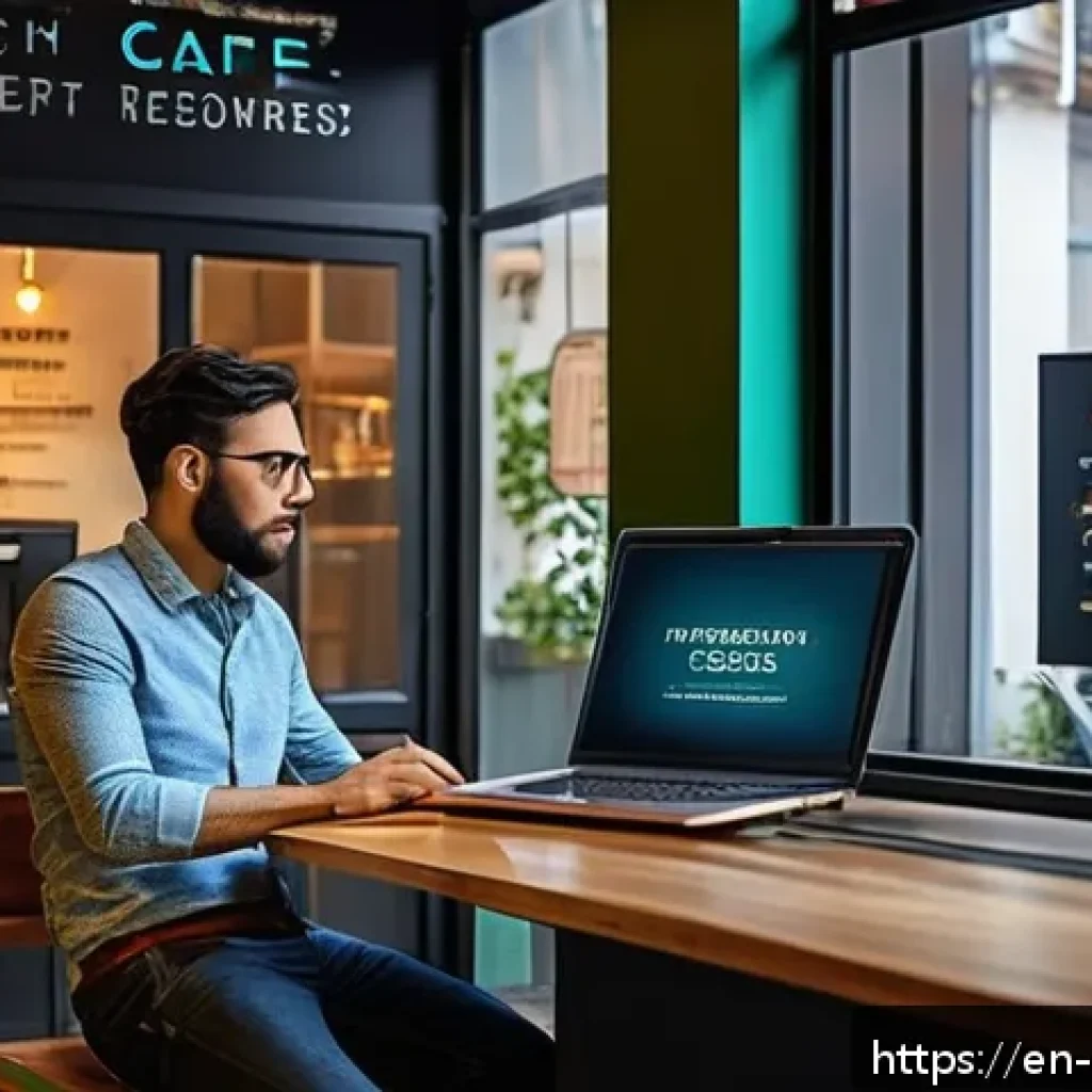사이버 공격의 사회적 영향과 대처법 - A modern small business café interior with a stressed owner looking at a laptop screen showing a ran...