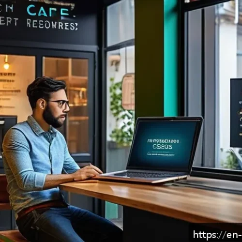 Home 17 사이버 공격의 사회적 영향과 대처법 - A modern small business café interior with a stressed owner looking at a laptop screen showing a ran...