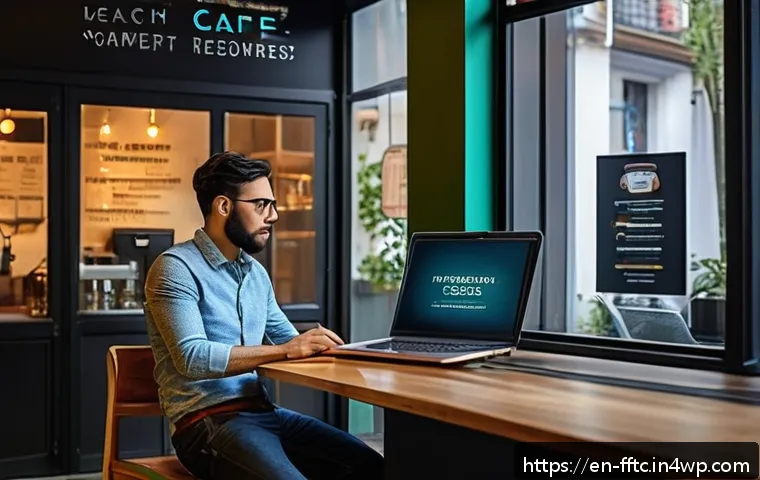 사이버 공격의 사회적 영향과 대처법 - A modern small business caf&eacute; interior with a stressed owner looking at a laptop screen showing a ran...
