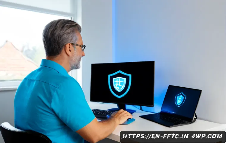 Home 17 사이버보안 관련 자주 묻는 질문 FAQ - Photorealistic home office scene illustrating cybersecurity FAQ support, friendly middle-aged IT spe...