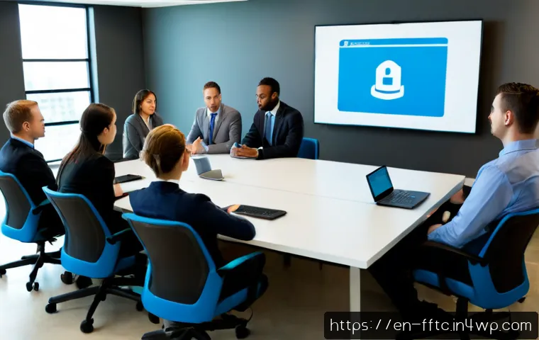 사이버 위협 인식 교육의 필요성 - Photorealistic corporate cybersecurity awareness training session in a bright modern American office...